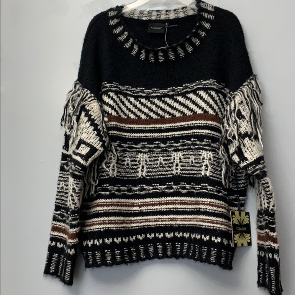 Cliche’ Fringe Sweater With Boho Print. Size M - image 2